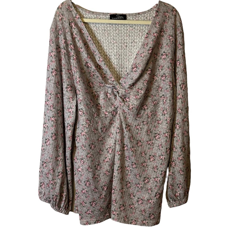 Suzanne Betro gray pink floral top‎ ruched bodice 3X U8602092